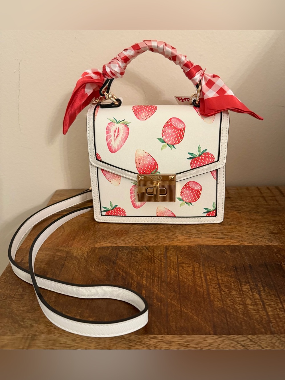 Aldo White Strawberry Print Top-Handle Crossbody with Red Scarf NWT